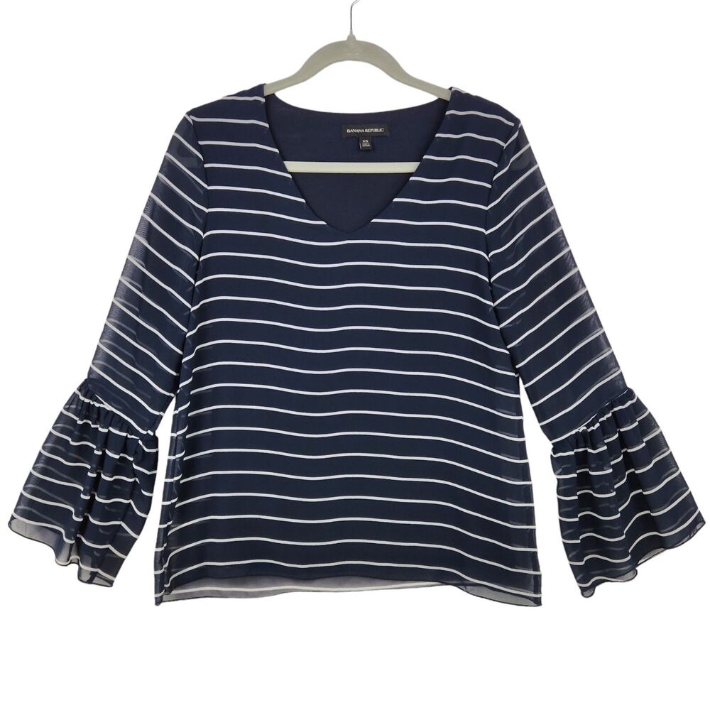 Banana Republic Womens Top XS Navy Stripe Bell Sleeve Nautical Summer Coastal